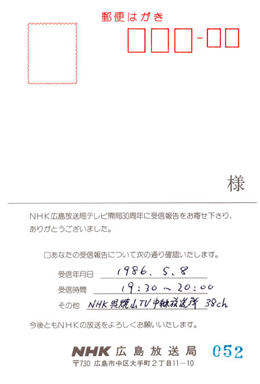 NHK広島のベリカード
